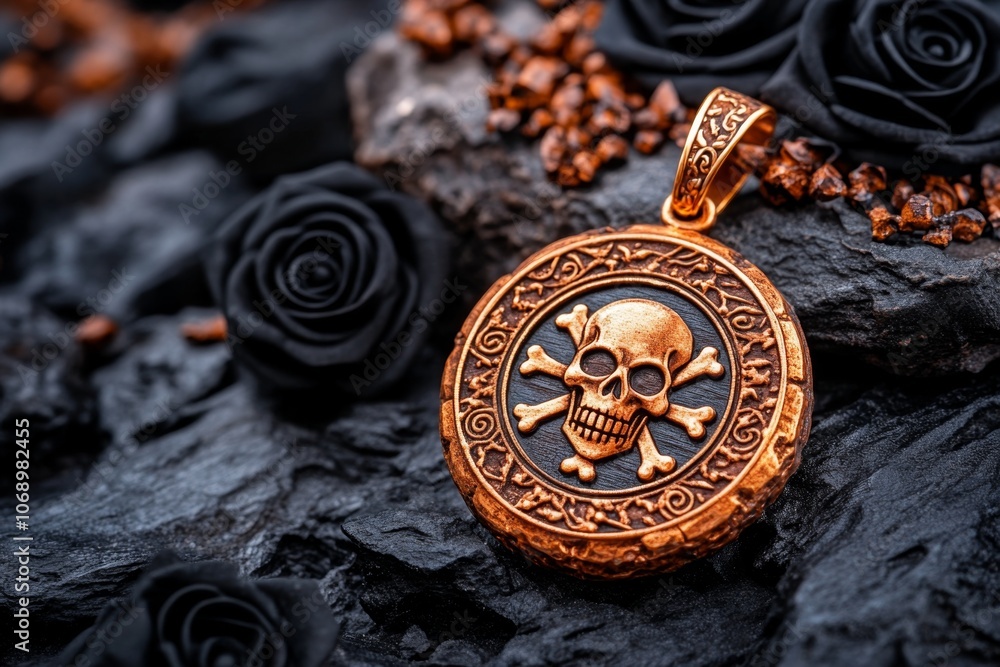 A hand-stamped pendant with skull and crossbones design, surrounded by black roses, giving it a gothic and mysterious look A hand-stamped pendant with skull and crossbones design, surrounded by black roses, giving it a gothic and mysterious look