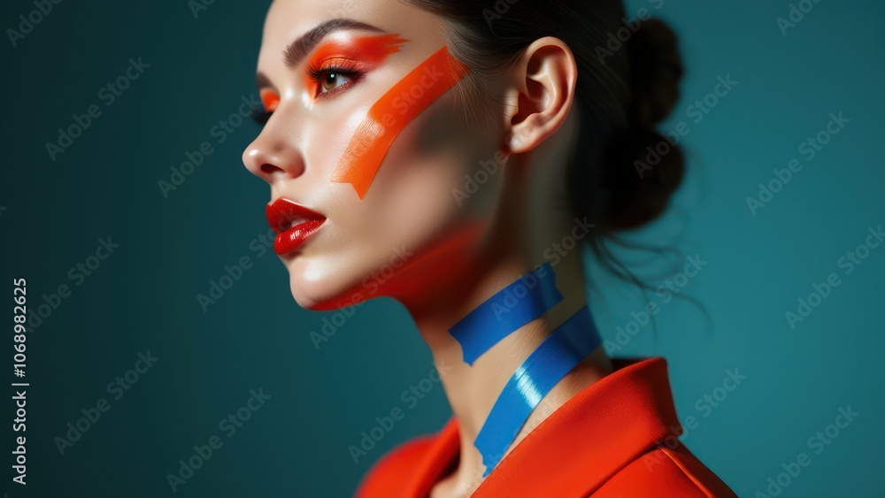 Elegant and edgy tape body art, enhancing facial features with a modern, minimalistic aesthetic Elegant and edgy tape body art, enhancing facial features with a modern, minimalistic aesthetic