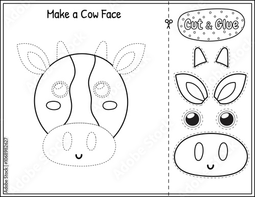Make a cow face black and white game for kids. Cut and glue educational activity page in outline. Matching game with farm animal. Vector illustration