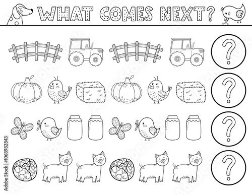 What comes next black and white activity page for kids with cute farm characters. Complete the pattern puzzle in outline. Logical game for school and preschool. Vector illustration