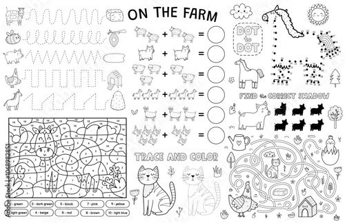 On the farm placemat with cute animals. Farm activity mat for kids with color by number, maze, dot to dot, math, trace the lines games. Vector illustration