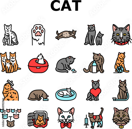 cat breeding genetics cattery icons set vector. pedigree lineage, purebred hybrid, mating selection, traits coat, temperament health cat breeding genetics cattery color line illustrations