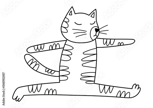 Cute cat doing yoga in black and white. Funny outline feline character in splits position. Pet gymnastic vector illustration