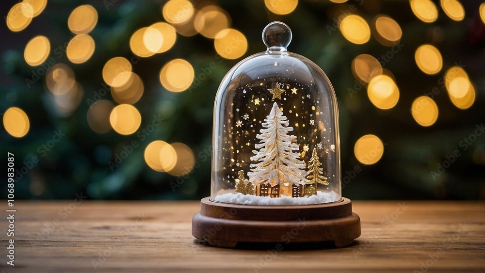 A glass cloche with a small Christmas tree inside standing on a textured wooden surface, blurry festive cozy lights in the background. Luxury New Year holidays empty exposition table mockup template. A glass cloche with a small Christmas tree inside standing on a textured wooden surface, blurry festive cozy lights in the background. Luxury New Year holidays empty exposition table mockup template.