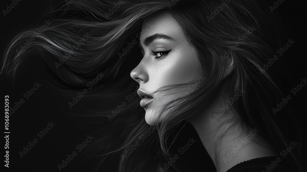 A monochromatic portrait of a woman with flowing hair, conveying elegance and emotion. A monochromatic portrait of a woman with flowing hair, conveying elegance and emotion.