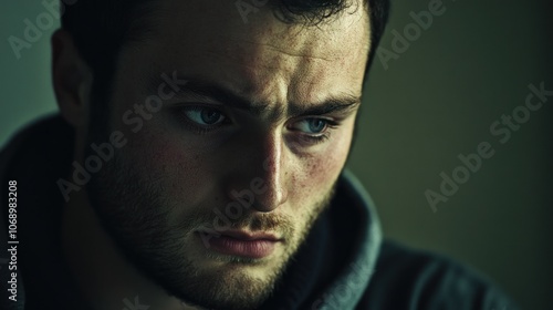 A close-up of a pensive young man with a serious expression, reflecting on his thoughts.