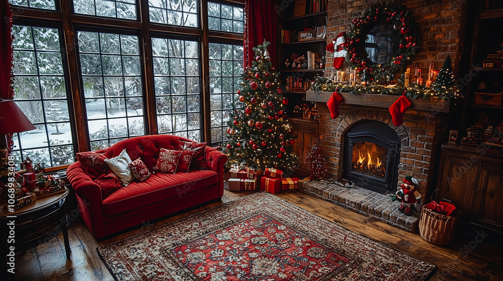 Cozy Christmas Fireplace: A inviting living room scene with a roaring fireplace, a decorated Christmas tree, and a plush red sofa, perfect for the holidays. Cozy Christmas Fireplace: A inviting living room scene with a roaring fireplace, a decorated Christmas tree, and a plush red sofa, perfect for the holidays.