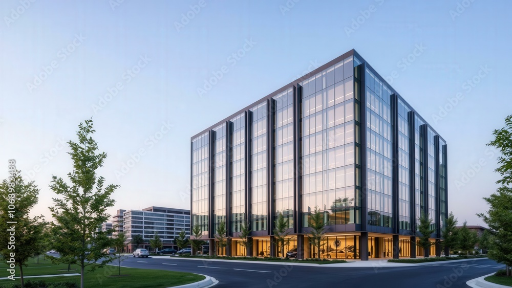 Obraz premium Modern Office Building at Sunset: Ideal for Businesses Seeking Professional and Sleek Workspaces