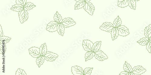 Fresh basil leaves outline on light green background, seamless pattern vector