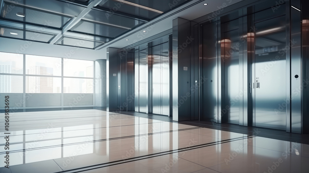 Modern Office Lobby with Gleaming Elevators Modern Office Lobby with Gleaming Elevators