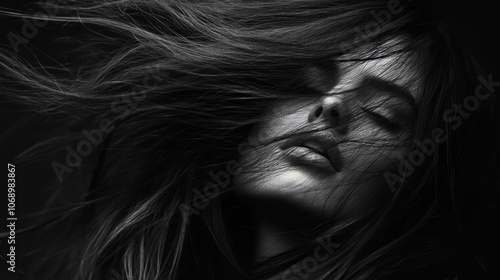 A close-up portrait of a woman with flowing hair, captured in dramatic lighting.
