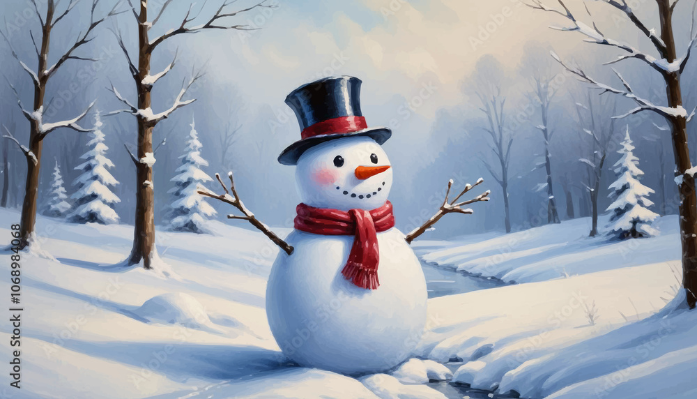 Happy smiling snowman with a red scarf and a black hat in a snowy winter scene; horizontal landscape