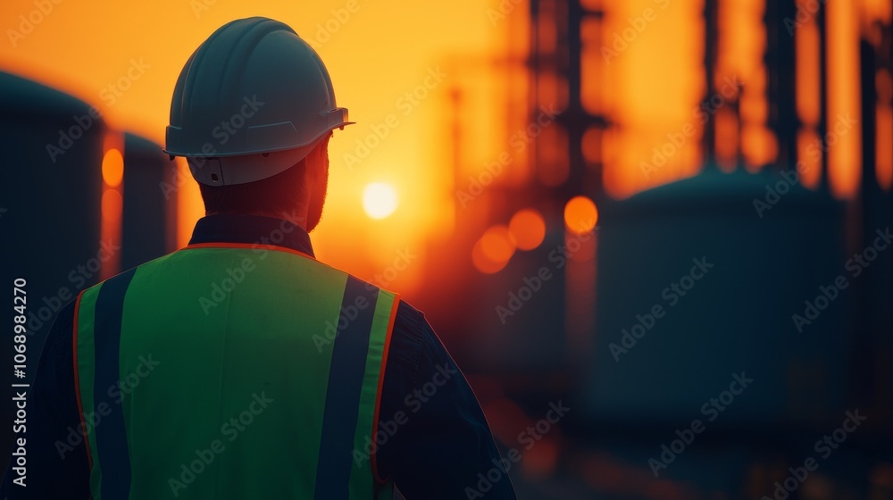 Worker Inspecting Oil Drums at Industrial Refinery Sunset Worker Inspecting Oil Drums at Industrial Refinery Sunset