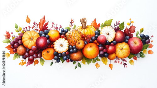 Thanksgiving Day, vibrant cornucopia filled with autumn fruits and colorful leaves, showcasing pumpkins, apples, grapes, and seasonal foliage, creating warm, festive atmosphere