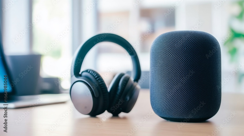 Modern Speaker and Headphones on Wooden Table Modern Speaker and Headphones on Wooden Table