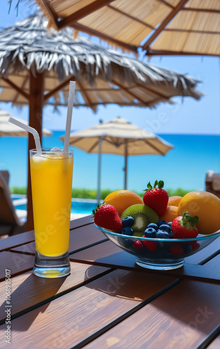 Refreshing cocktail in a glass on a wooden table in a beach club during sunset. Alcohol cocktails with ocean view, party nightlife at beachclub. photo