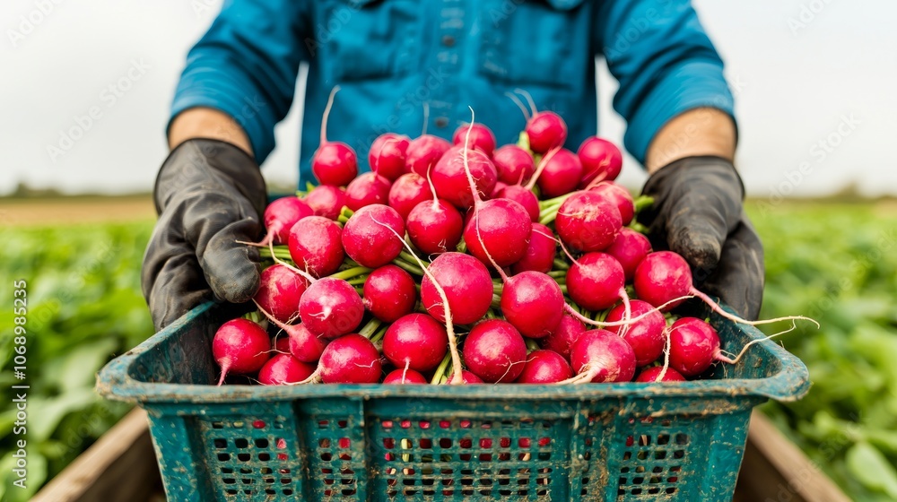 Close-up of a farmer's hands holding a basket full of freshly harvested radishes. Close-up of a farmer's hands holding a basket full of freshly harvested radishes.