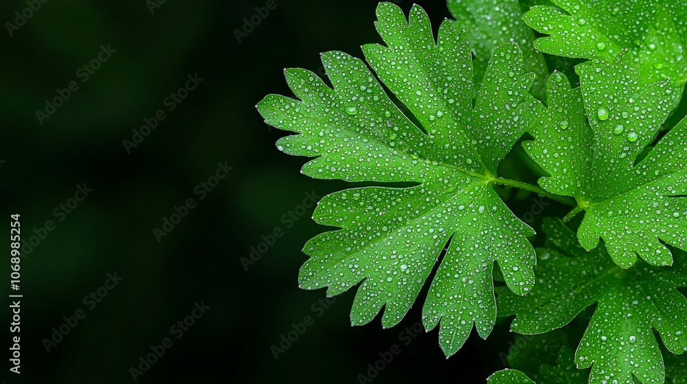 Close-up of green leaves with dew drops on a dark background. Close-up of green leaves with dew drops on a dark background.