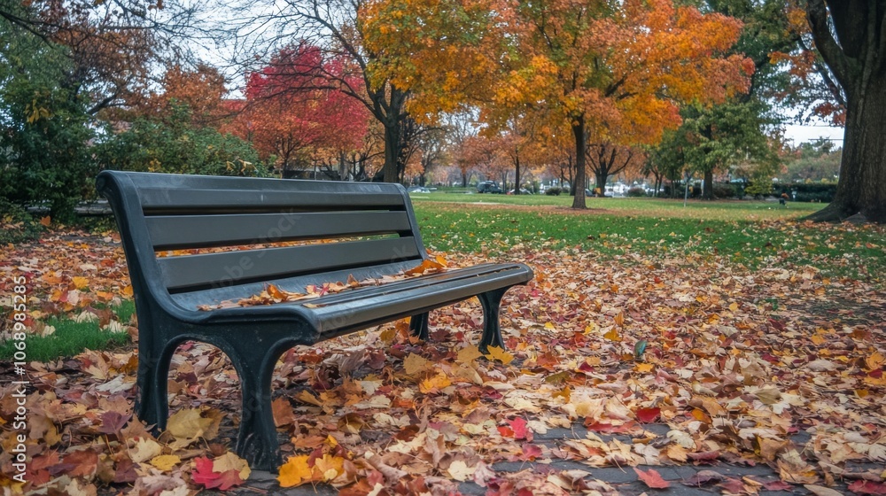 Vibrant Autumn Park Scene with Bench and Fallen Leaves Vibrant Autumn Park Scene with Bench and Fallen Leaves