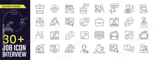 Job Interview Stroke icon collections. Containing recruitment, Feedback, resource, hr, cv, collection, recruit, candidate, hire, linear, resume, and Interview icons. Editable Stroke icon collection