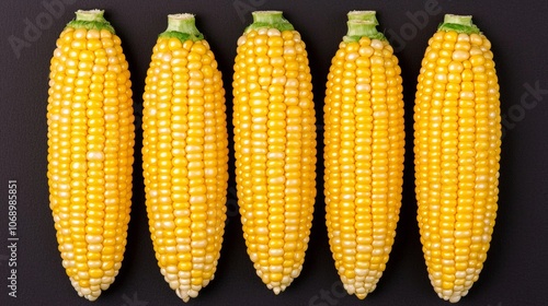 Five ears of yellow corn arranged in a row on a black background. photo