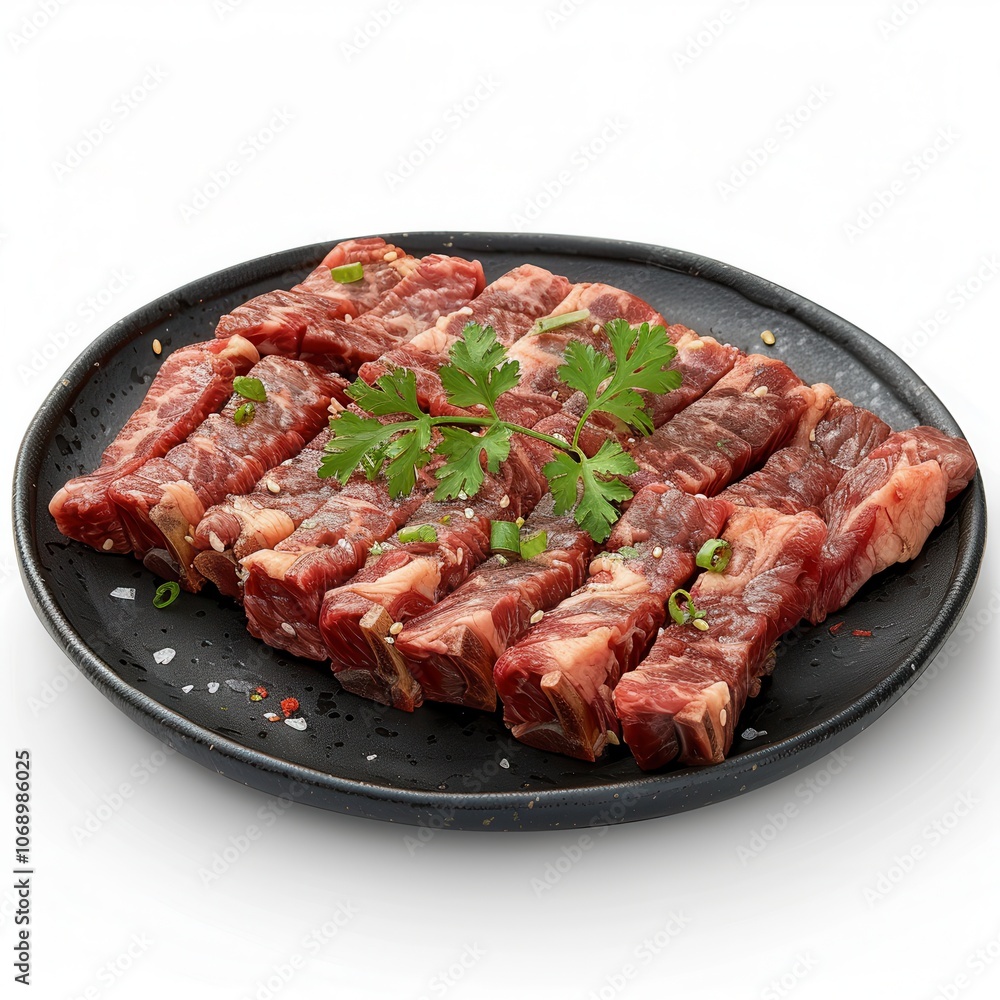 Fresh Sliced Beef on Plate with Seasoning and Herbs Fresh Sliced Beef on Plate with Seasoning and Herbs