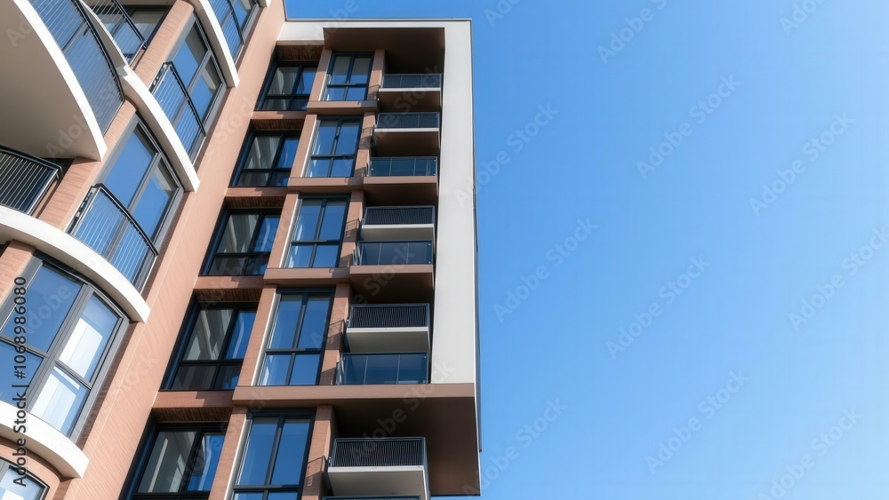 Modern Apartment Building against Clear Blue Sky, Perfect for Real Estate Marketing or Architectural Design Inspiration Modern Apartment Building against Clear Blue Sky, Perfect for Real Estate Marketing or Architectural Design Inspiration