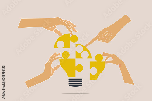 Hand businessman team members partner connect lightbulb jigsaw puzzle together. concepet of Teamwork or partnership for business success, innovation or creativity to solve problem, brainstorm