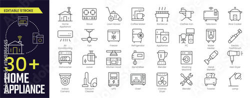 Home Appliance Stroke icon collections. Containing Appliance, Stove, Coffee Maker, Television, Rice Cooker, Water Heater, Dishwasher,  UPS, PC, and Kitchen Hood Icon. Editable Stroke icon collection