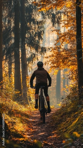 Mountain Biker Riding Through Vibrant Autumn Forest Trail 