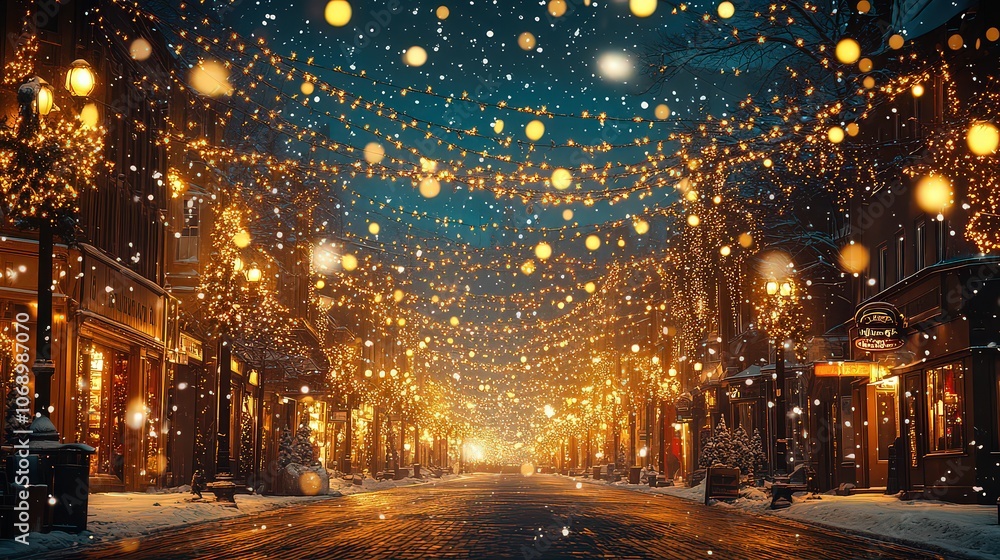 Bustling city street with golden string lights crisscrossing above, snow gently falling; warmly lit shop windows add to festive, welcoming winter night atmosphere. Bustling city street with golden string lights crisscrossing above, snow gently falling; warmly lit shop windows add to festive, welcoming winter night atmosphere.