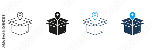 Order Location Line and Silhouette Icon Set. Pointer with Box, Shipping Sign. Pick Up Package Icon. Delivery Service Pictogram. Receive Parcel Place. Editable Stroke. Isolated Vector Illustration