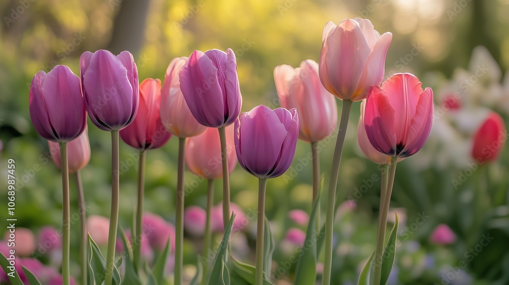 A vibrant display of pink and purple tulips blooming in a garden during the golden hour of spring A vibrant display of pink and purple tulips blooming in a garden during the golden hour of spring