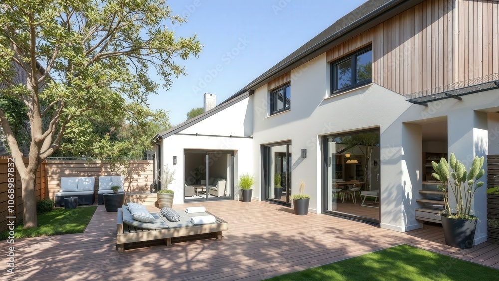 Modern Home Exterior with Lush Garden and Cozy Patio - Perfect for Relaxation and Entertaining Modern Home Exterior with Lush Garden and Cozy Patio - Perfect for Relaxation and Entertaining