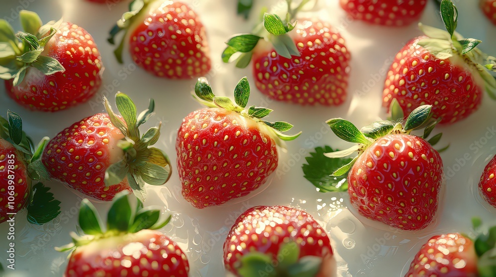 Cluster of fresh strawberries on white background, bright red and glistening; tiny seeds and green leaves create vibrant contrast, highlighting juicy, ripe appearance. Cluster of fresh strawberries on white background, bright red and glistening; tiny seeds and green leaves create vibrant contrast, highlighting juicy, ripe appearance.
