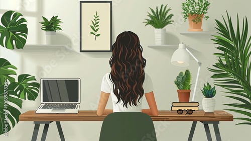 A modern home office is perfectly set up, with a laptop, notebooks, and plants arranged neatly on the desk. A woman sits comfortably in her chair, focused on a video call with her team, blending work 