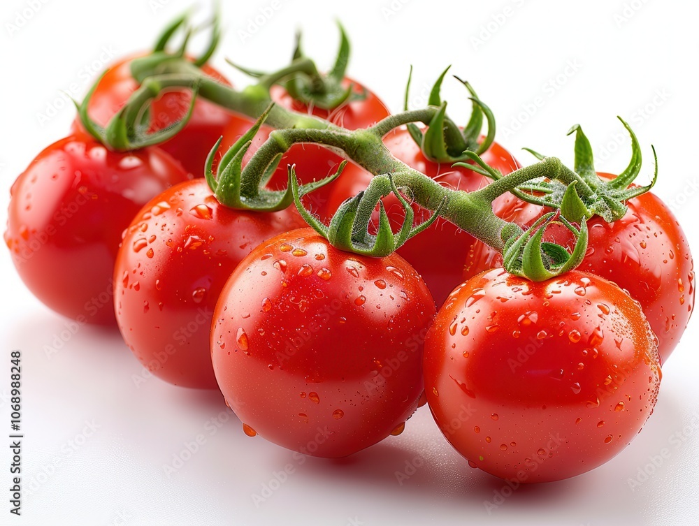 Fresh Red Tomatoes on Vine with Water Droplets Fresh Red Tomatoes on Vine with Water Droplets