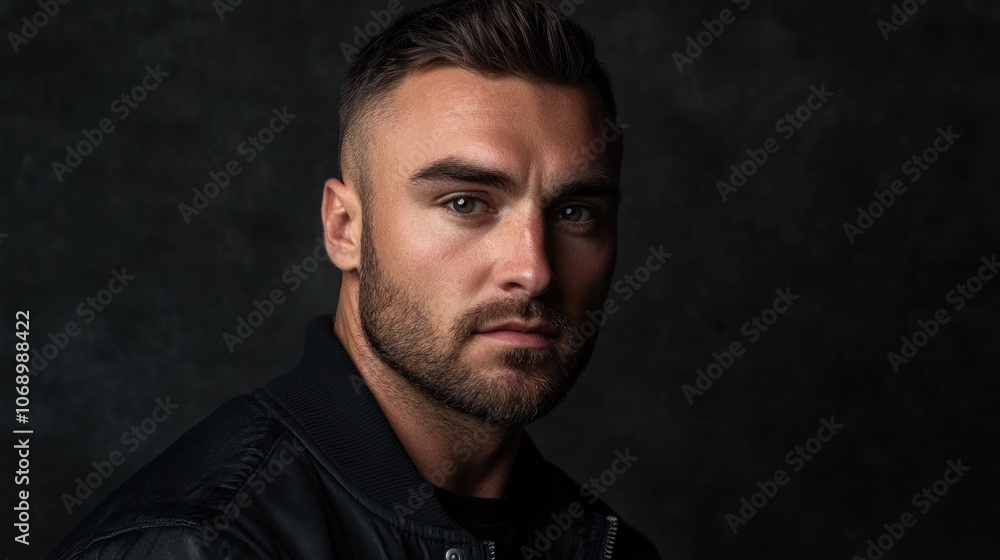 Obraz premium A close-up portrait of a man with a serious expression against a dark background.
