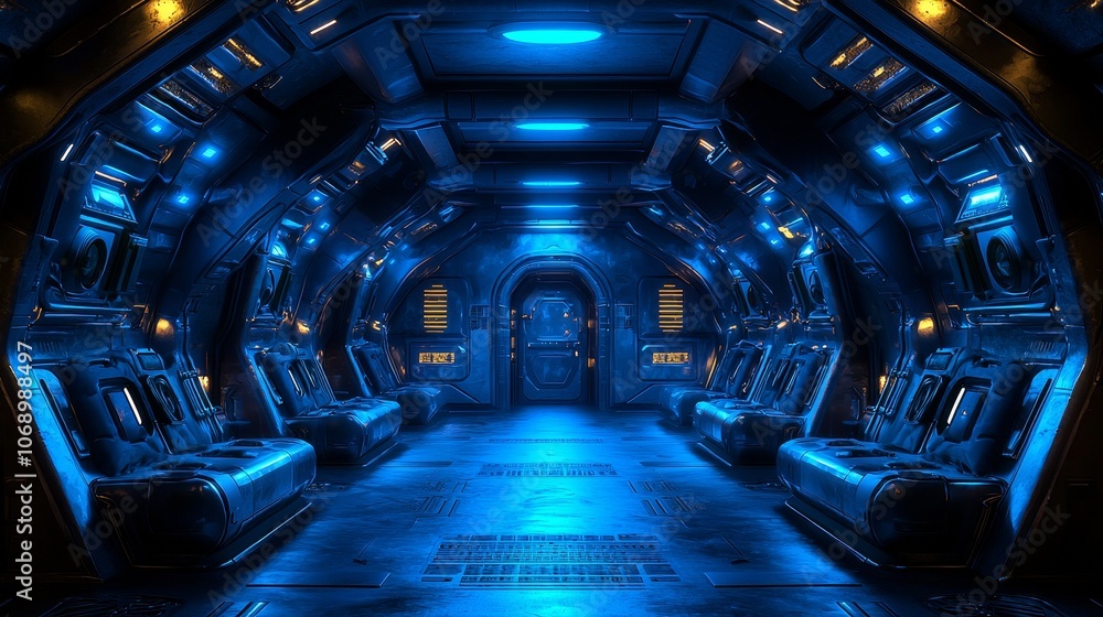 Fototapeta premium Explore the futuristic aesthetic of a sci-fi-inspired blue corridor with sleek seating arrangements