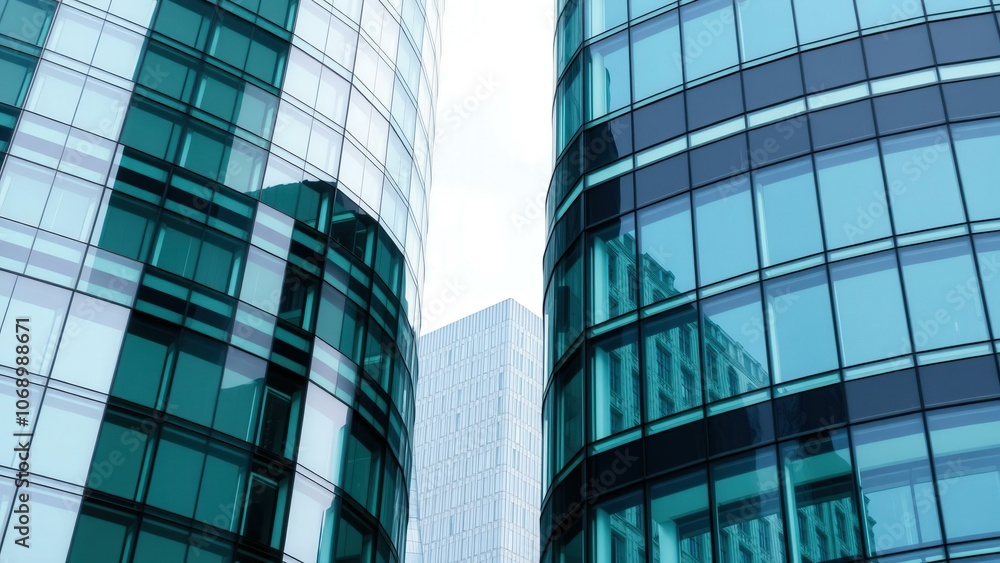 Obraz premium Modern Skyscraper Reflections in Blue Glass Windows, Perfect for Urban Landscape Art or Office Building Advertising