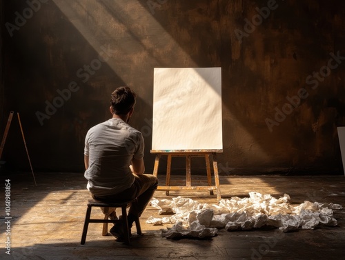 The artist sits with letter in hand. Crumpled art nearby. Light weak in the room photo