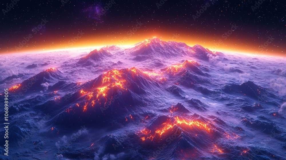 Explore the majestic lava-covered mountains under a stunning cosmic skyline at dusk Explore the majestic lava-covered mountains under a stunning cosmic skyline at dusk