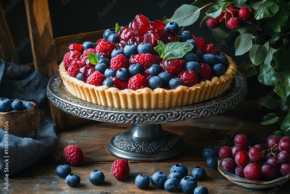 A Raspberry and Blueberry Tart on a Silver Pedestal A Raspberry and Blueberry Tart on a Silver Pedestal