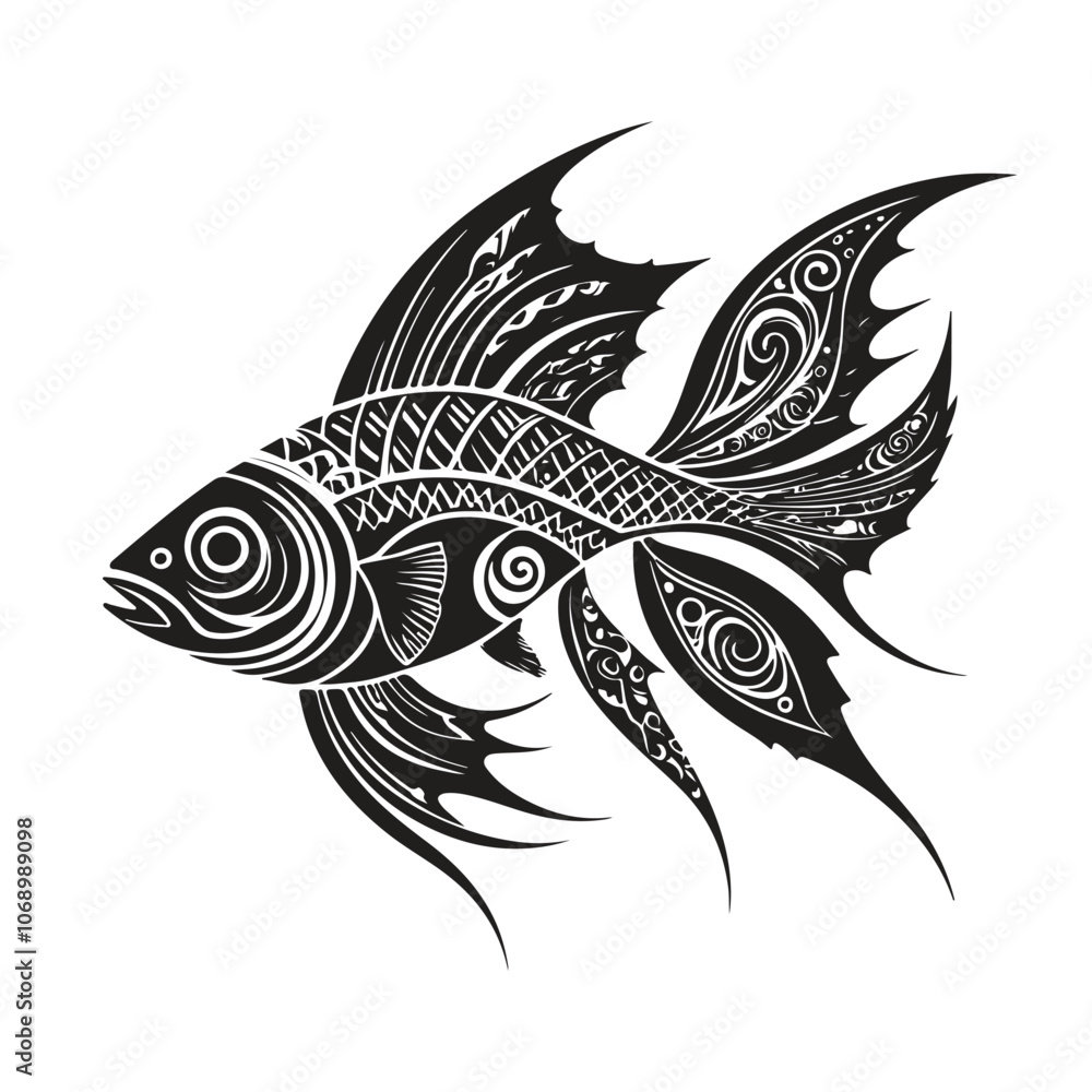 Tribal fish tattoo design with sharp teeth and fins illustration vector silhouette with swirling patterns isolated on a white background Tribal fish tattoo design with sharp teeth and fins illustration vector silhouette with swirling patterns isolated on a white background