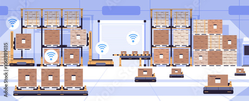 Modern automatic warehouse interior with robotic forklifts. Smart cargo storage concept vector illustration