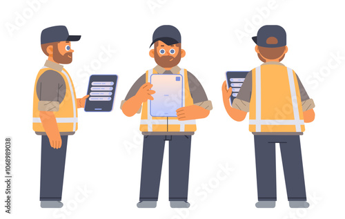 Side, front and back view warehouse worker with tablet. Character in yellow vest vector illustration