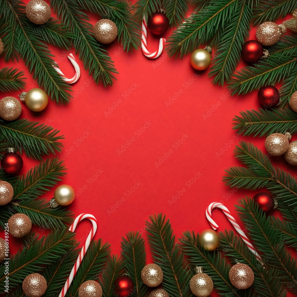 Christmas border with red background, golden and red baubles, and candy canes Christmas border with red background, golden and red baubles, and candy canes