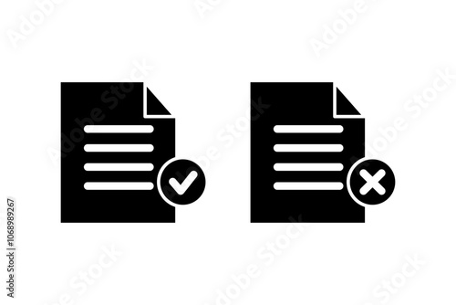 Tick check mark and cross mark document report glyph icon set. Approved and rejected paper. Feedback, task, decision, agreement concepts. Flat vector design isolated illustration.