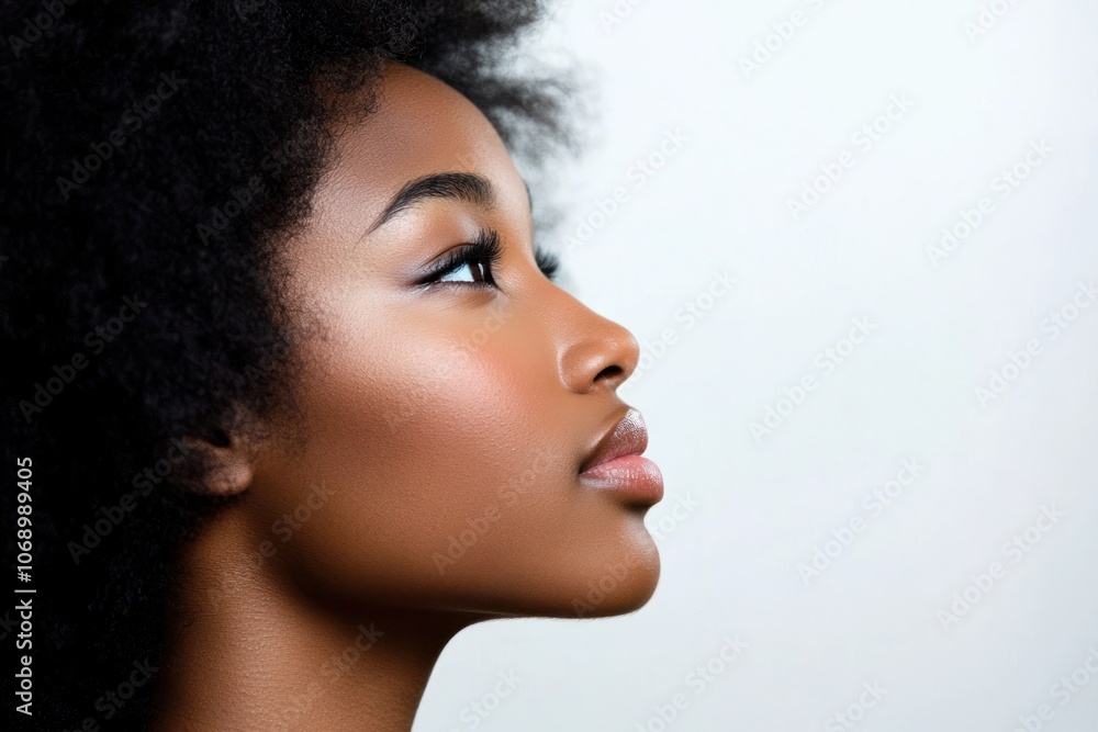 Profile portrait of a woman with natural hair, highlighting beauty and skin tone. Profile portrait of a woman with natural hair, highlighting beauty and skin tone.