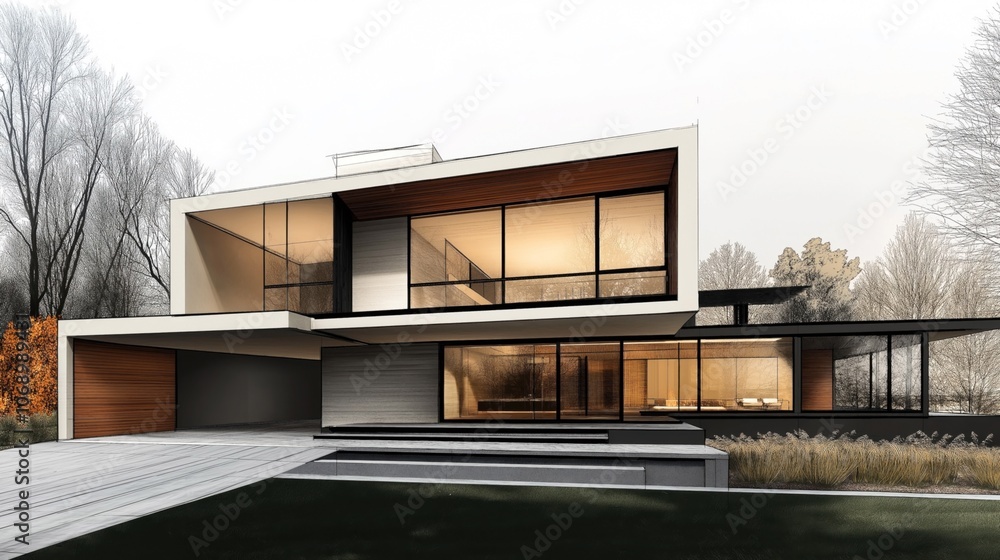 Contemporary two-story house with large glass windows and minimalistic design surrounded by bare winter trees and landscaped garden Contemporary two-story house with large glass windows and minimalistic design surrounded by bare winter trees and landscaped garden